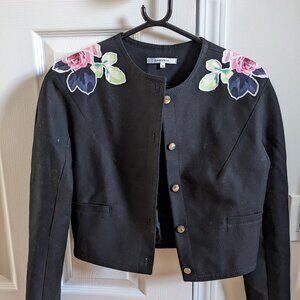Carven Black Blazer with floral applique on shoulder, size 36